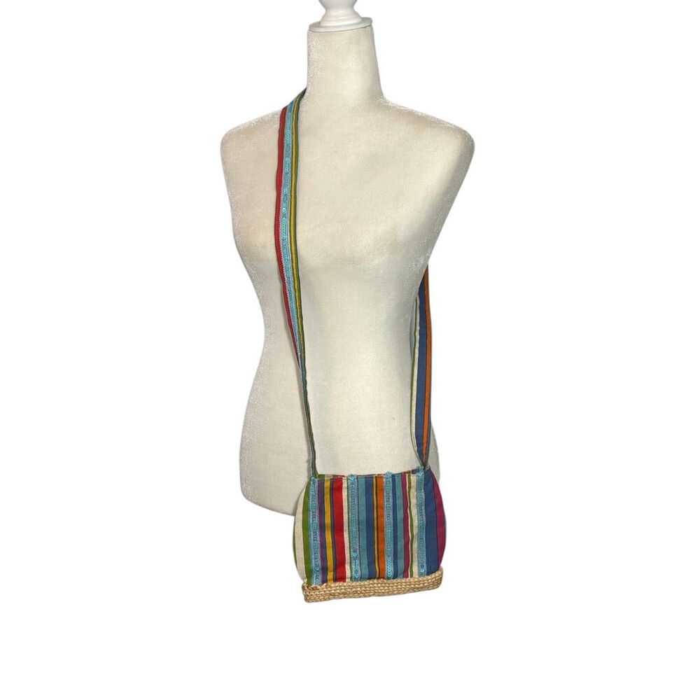 Club Med cotton striped crossbody bag with sequins and rattan bottom
